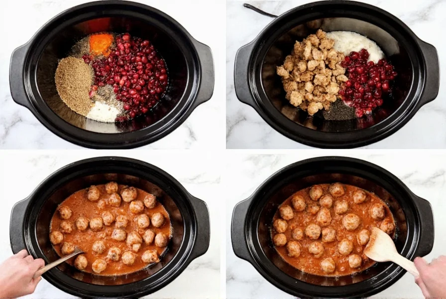 Step-by-step preparation of grape jelly meatball recipe showing ingredients mixing in slow cooker