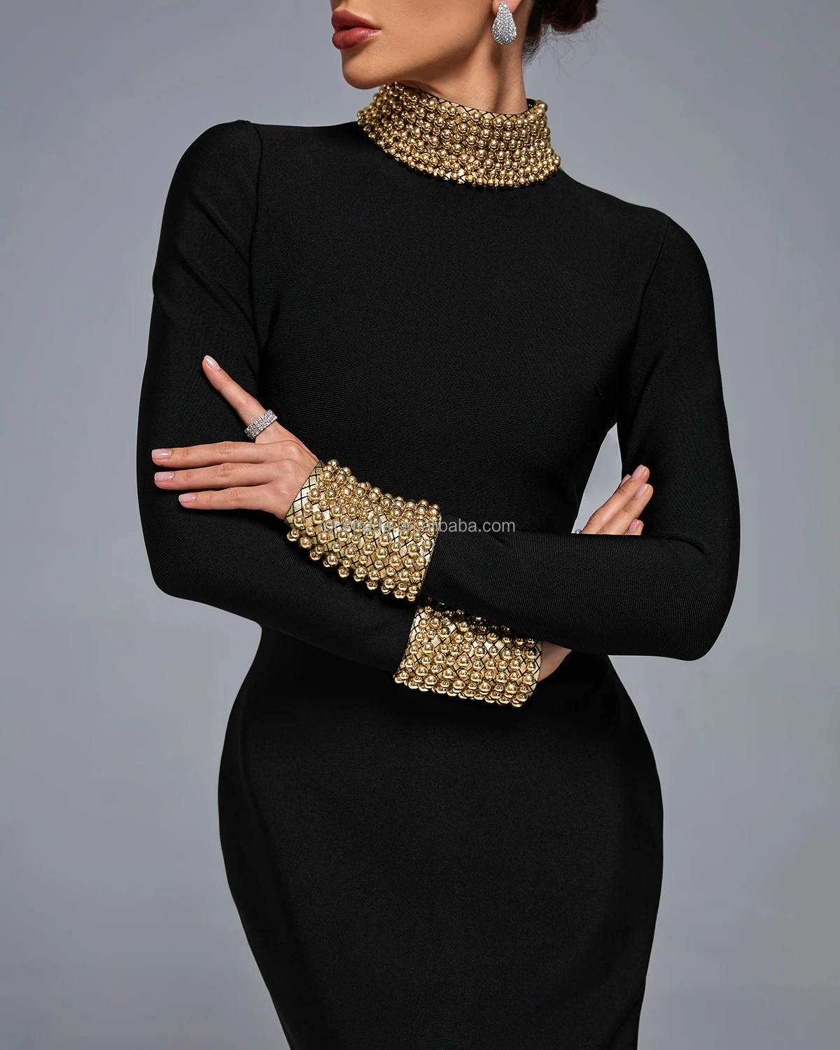 Ocstrade Elegant Long Sleeve Beaded Maxi Evening Dress