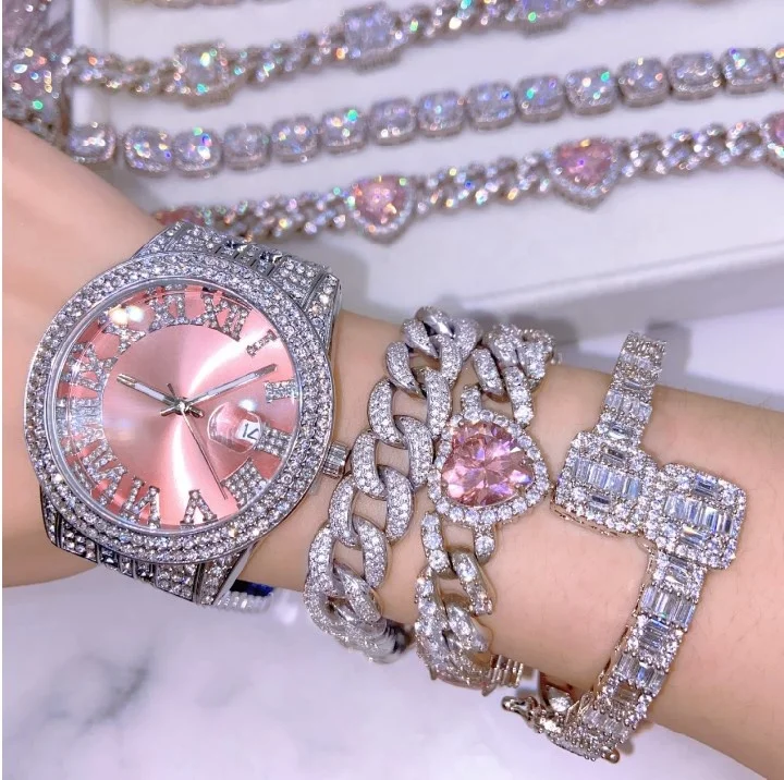 

ready to ship silver plated pink heart cubic zircon diamond setting link cuban bracelet & bangle