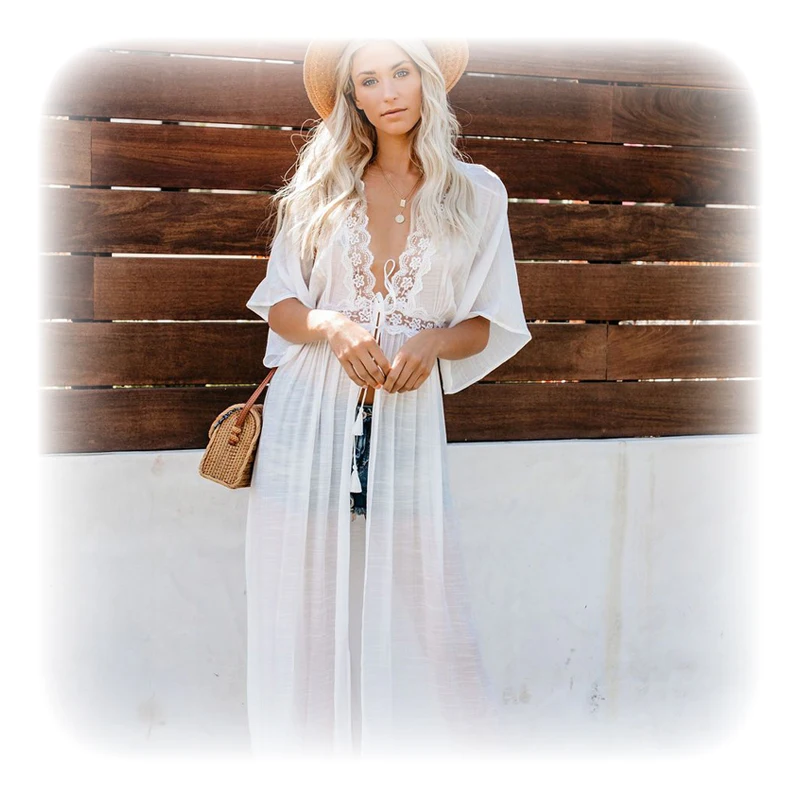 

2019 New Beach Kaftan Bamboo Cloth Lace Bikini Outer Cover Up Solid Color White Girl V-Neck Half-Sleeved Holiday Dress