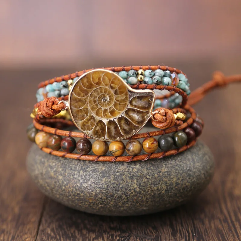 

wrap Ammonite Fossils Seashell Snail charm Handmade wrap bracelet Ocean Reliquiae Conch Animal boho braied bracelet for Men&wome