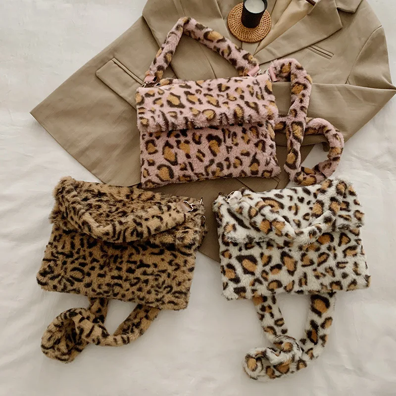 

Factory wholesale quality fall and winter leopard fuzzy handbag ladies handbags for women luxury, 4 colors