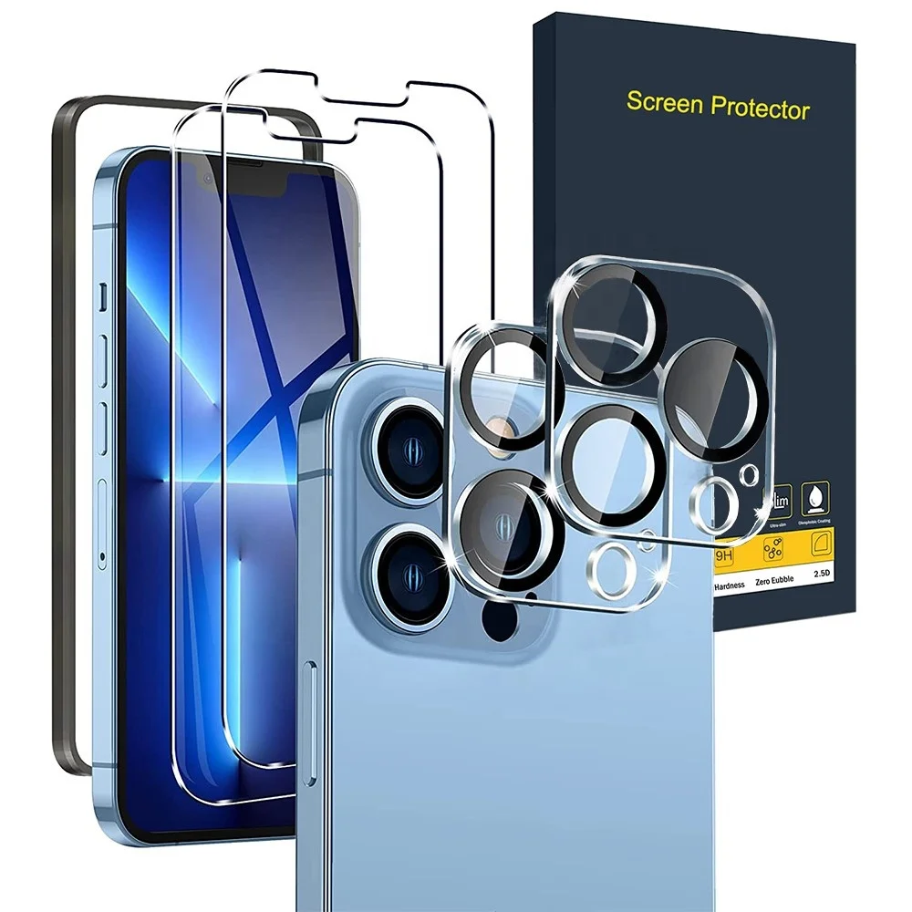 

0.33MM Ultra Thin HD Clear Case Friendly Easy Install 2 Pack Screen Protector with 2 Pack Camera Lens For Iphone 13 Mini Pro Max