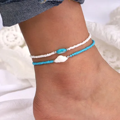 

New Beach Anklets Natural Conch Boho Style White and Blue Rice Beads Bracelet Anklet Sets Foot Jewelry