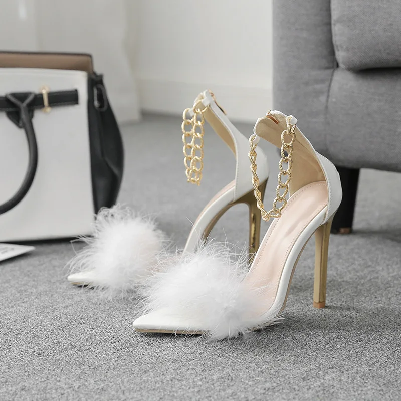 

Custom Logo Sandles Pointed Stiletto Metal Chain Lady Fashionable Sandle Plus Size Sexy High Heels For Ladies