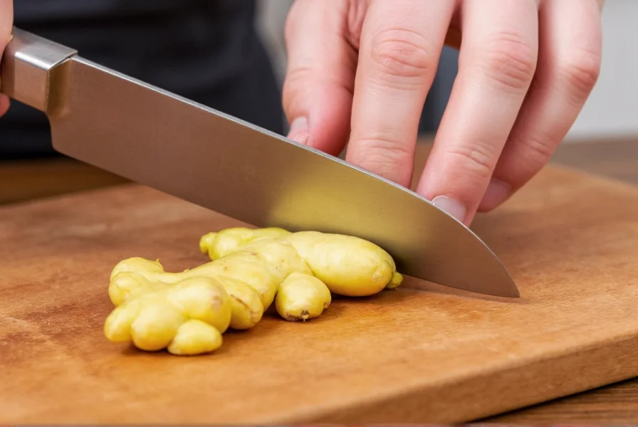 Professional chef's hand demonstrating proper knife angle when mincing fresh ginger on wooden cutting board