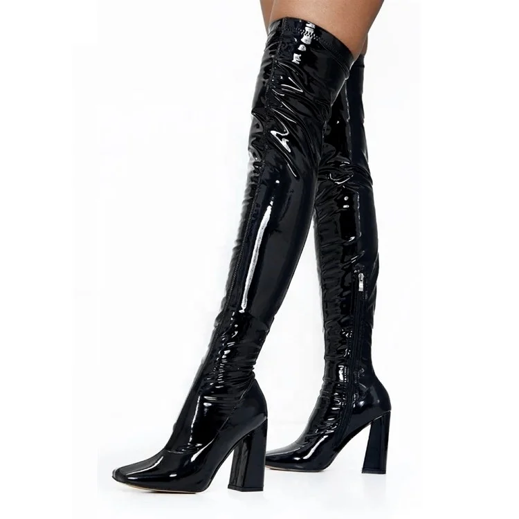 

Square Toe Sexy Long Thigh High Boots for Women Chunky Heel Patent Leather Side Zip Big Size 43 Party Shoes, Black