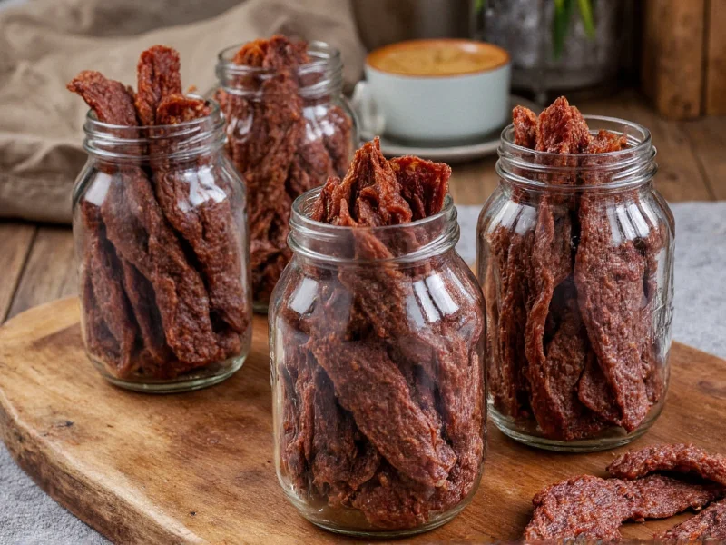 Homemade beef jerky stored in glass jars with oxygen absorbers