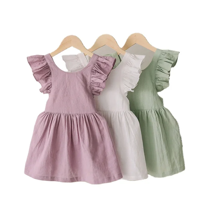 

Australia Summer Girls Dresses Fly Sleeveless Dress Linen Kids O-neck Backless Buttons Adjustable Cotton and Linen Dress