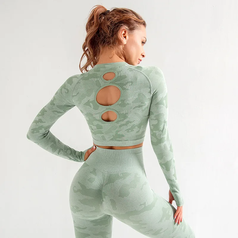 

3 pieces workout fitness yoga seamless tops women camouflage leggings cropped hollow out gym wear cropped shirts bra