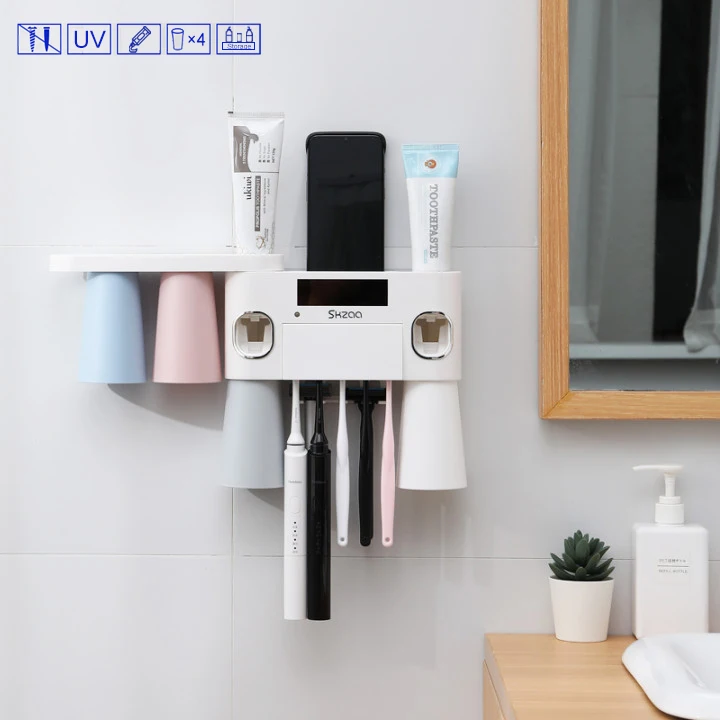 
UV Sterilization Wall Mount Toothbrush Holder Automatic Toothpaste Dispenser With Storage Rack 