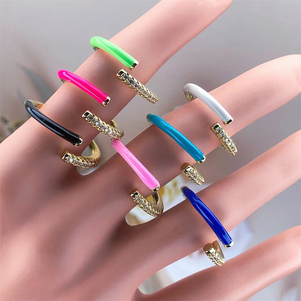 

Adjustable Pave CZ Colorful Enamel Opening Ring Simple Luxury 24K Gold Plated Zircon Finger Rings For Girlfriend Gift