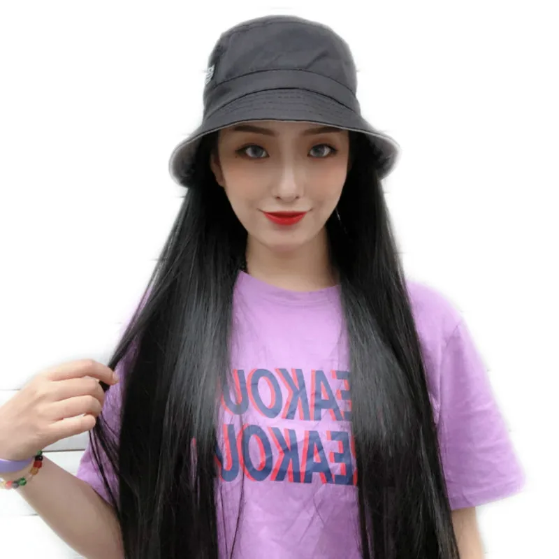 

Summer Women'S Fashion Black Long Straight Hair Breathable Fisherman Hat Wholesale Spot Hat With Wig