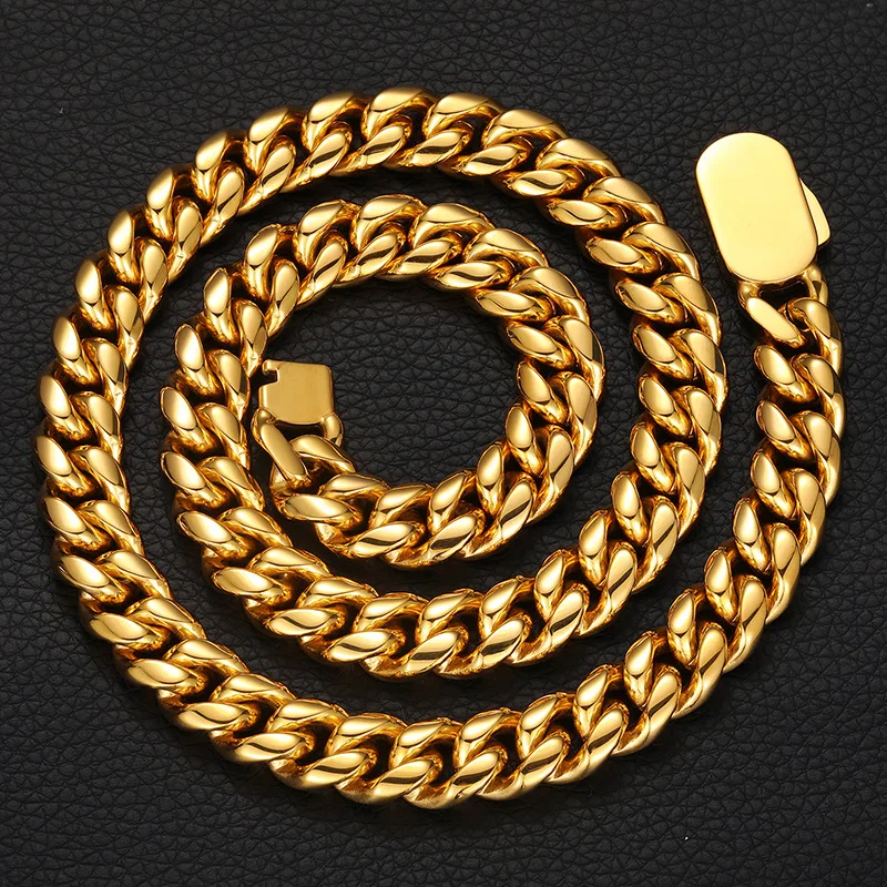 

Hip Hop Jewelry Elliptical Smooth Spring Buckle Gold Silver Plated Cuban Link Chain Stainless Steel Necklace