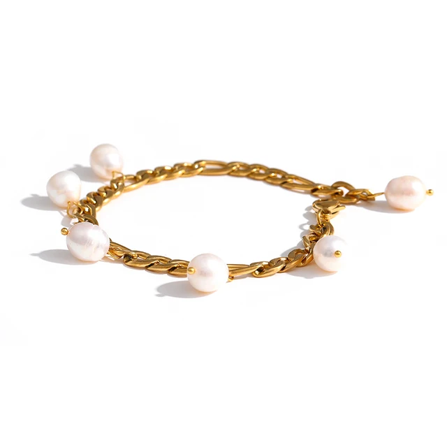 

JINYOU 1091 Elegant Natural Pearl 18K Gold Plated Chain Wrist Bracelet 316L Stainless Steel Chain Jewelry