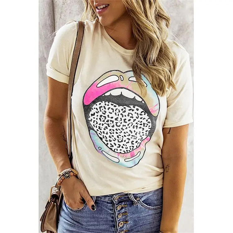 

New Style 2021 Summer Short Sleeve Casual Printed Pearl Crew Neck Shirts For Women Blouses And Top