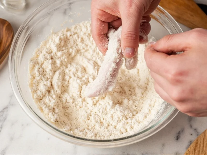 Chicken tenders being coated in flour mixture