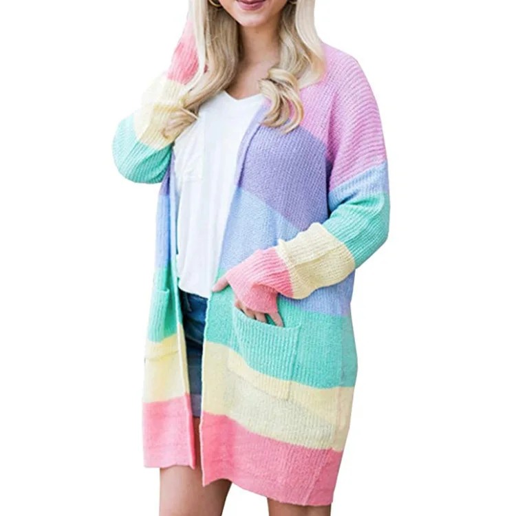 

Cute Contrast Long Sleeve Pocket Knitwear Open Rainbow Cardigan, Striped