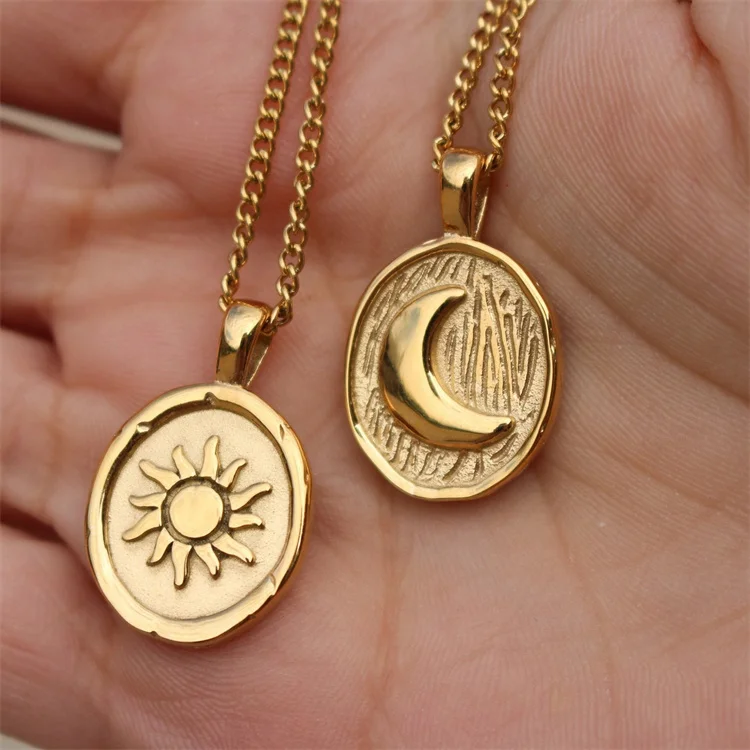 

Non tarnish stainless steel round cion pendant gold plated sun necklace