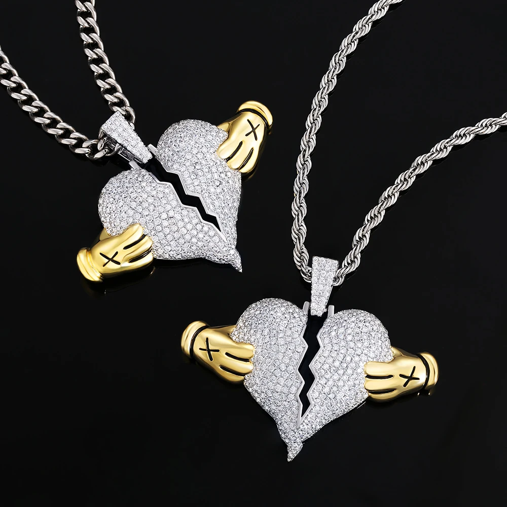 

KRKC Diamond Heart Shape Necklace Pendant of Two Half Pave Zircon Jewelry Set Large Gold Plated Silver CZ Broken Heart Pendant