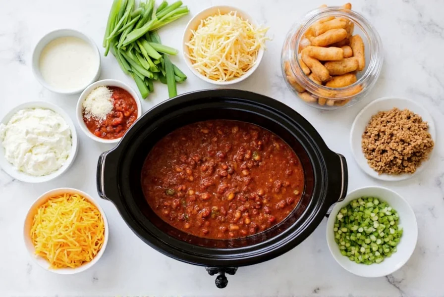 Variety of chili toppings including sour cream, shredded cheese, and green onions arranged around slow cooker