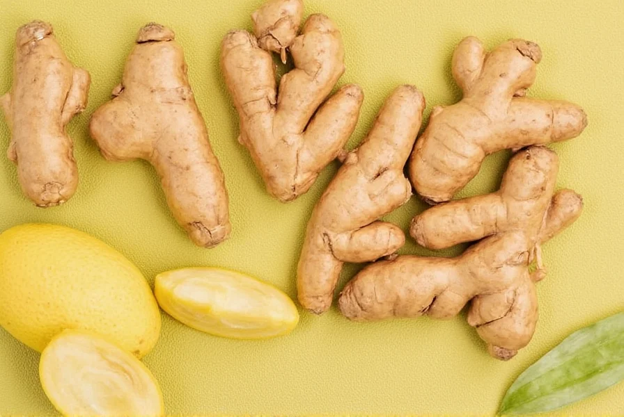 Fresh ginger root on wooden cutting board with vegan ingredients