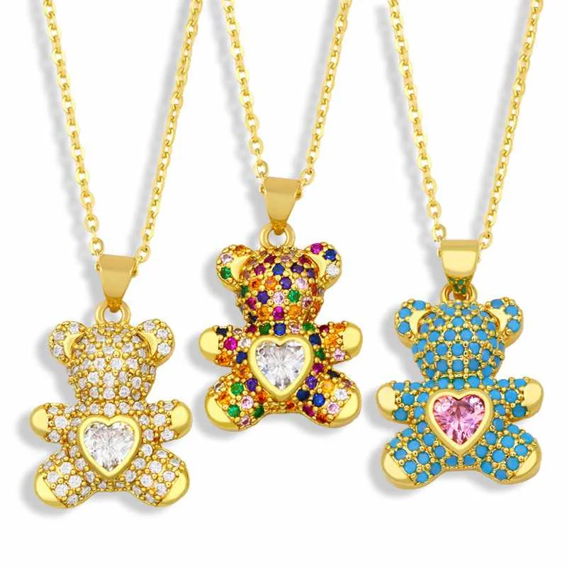 

New Heart Bear Necklace Simple Pendant Celebrity Color Zircon Sweater Chain Jewelry Touse Teddy Necklaces