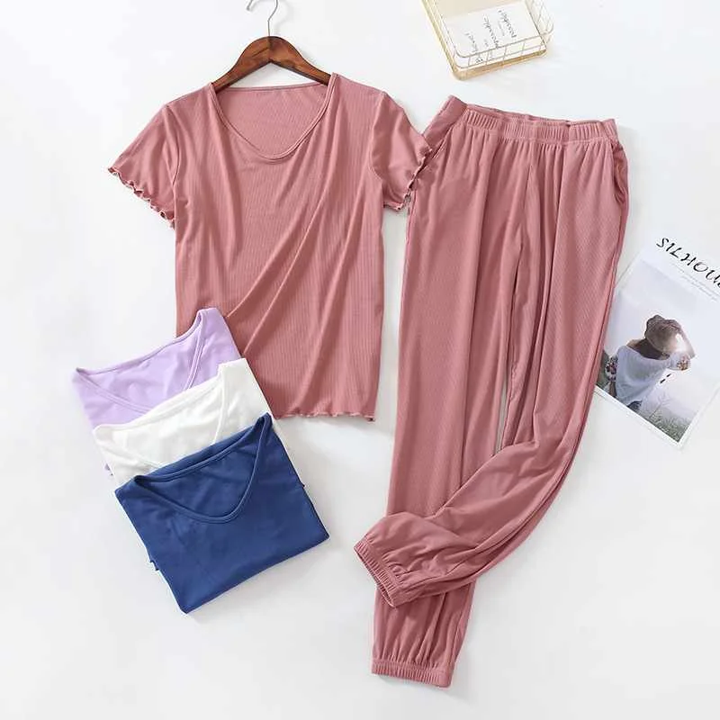 

Japanese style sleepwear ladies modal spring autumn summer plus size loose short-sleeved trousers simple home service suit women, Required