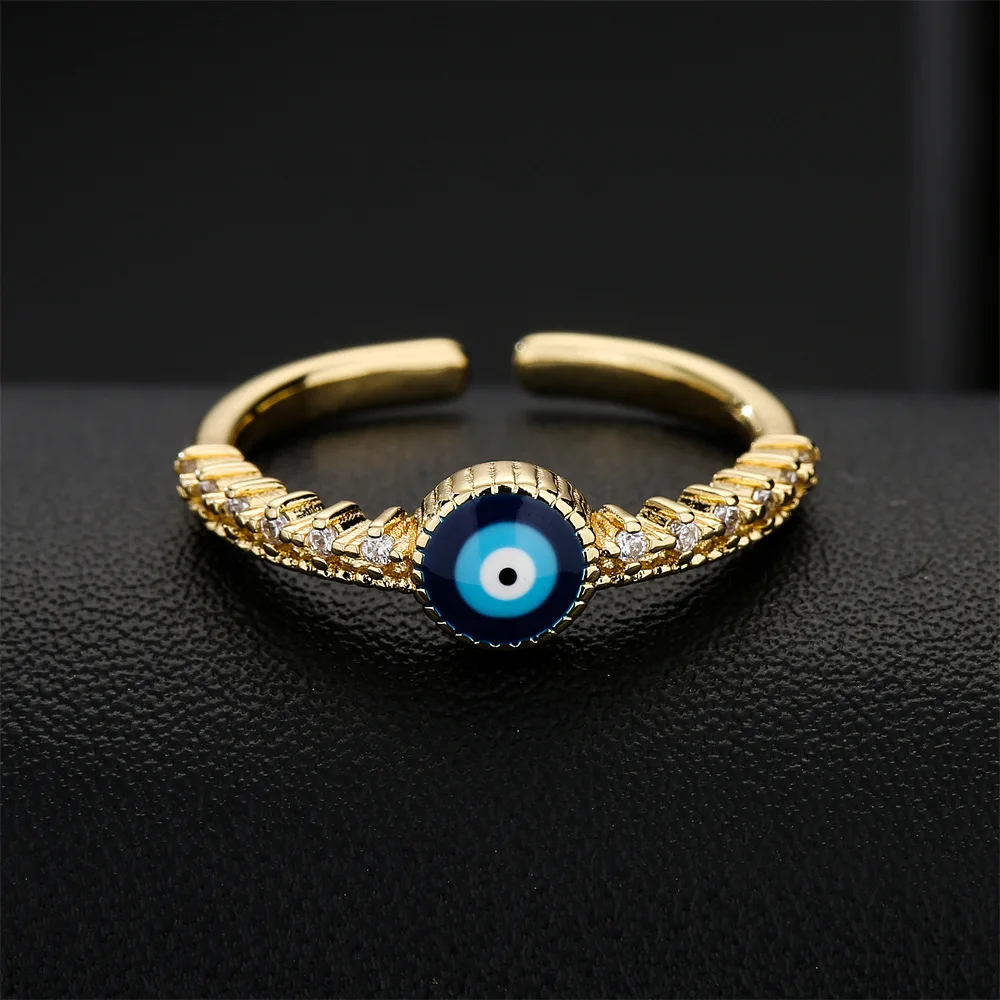 

Real 18k Gold Plated Micro Pave Zircon Evil Eyes Finger Ring Enamel Blue Eye Opening Ring