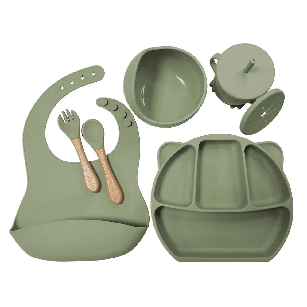 

2021 New 6pcs Baby Silicon Feeding Set Silicone Suction Plate Bib Bowl Sipper Snack Cup Wooden Spoon Fork, Gray/blue/green or customized