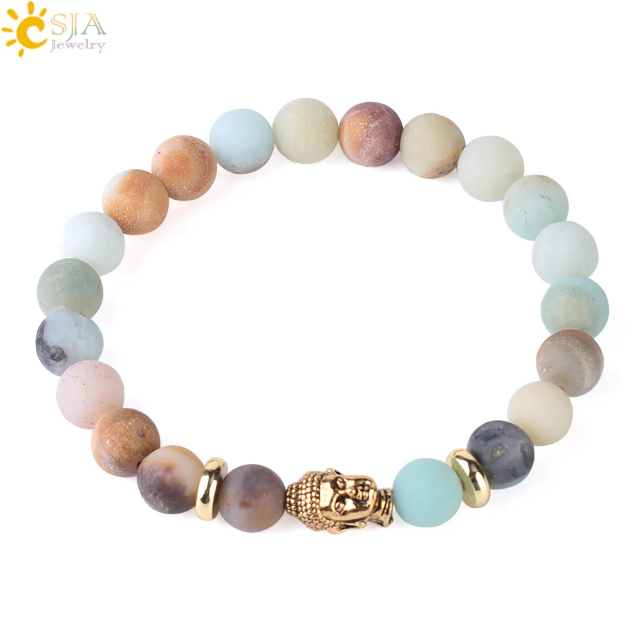 

CSJA natural stone amazon frosted bead amazonite charm bracelet mala beads pulsera skull buddha head jewelry for men women F429