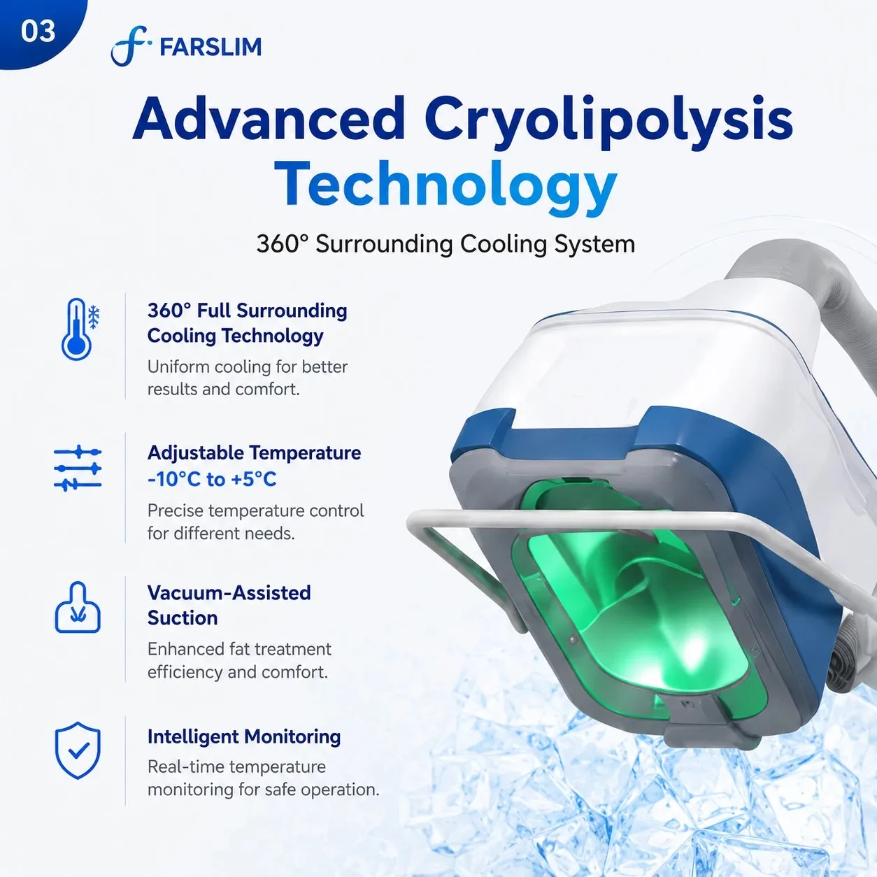 FARSLIM LD11 Pro 360-degree cryolipolysis applicator with adjustable minus 10 to 5 degree cooling and vacuum-assisted suction.