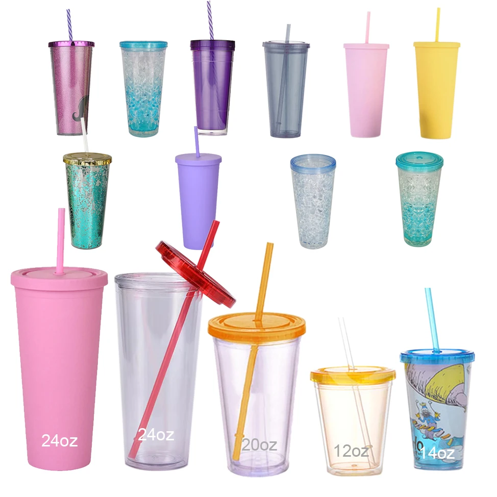 

kids bpa free clear double wall acrylic tumblers colored glitter plastic 24 oz 24oz tumbler with lid and straw