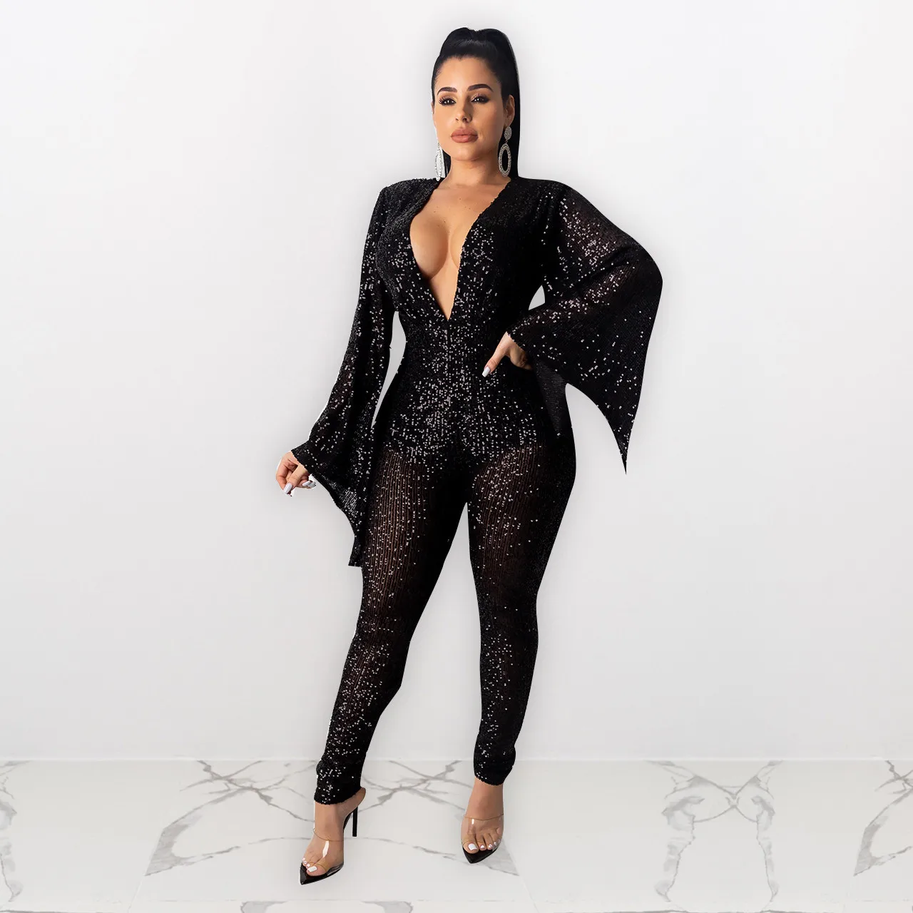 

2021 new arrivals OEM clothing sexy women jumpsuits one piece jumpsuits sequined woman club wear jumpsuit, Black