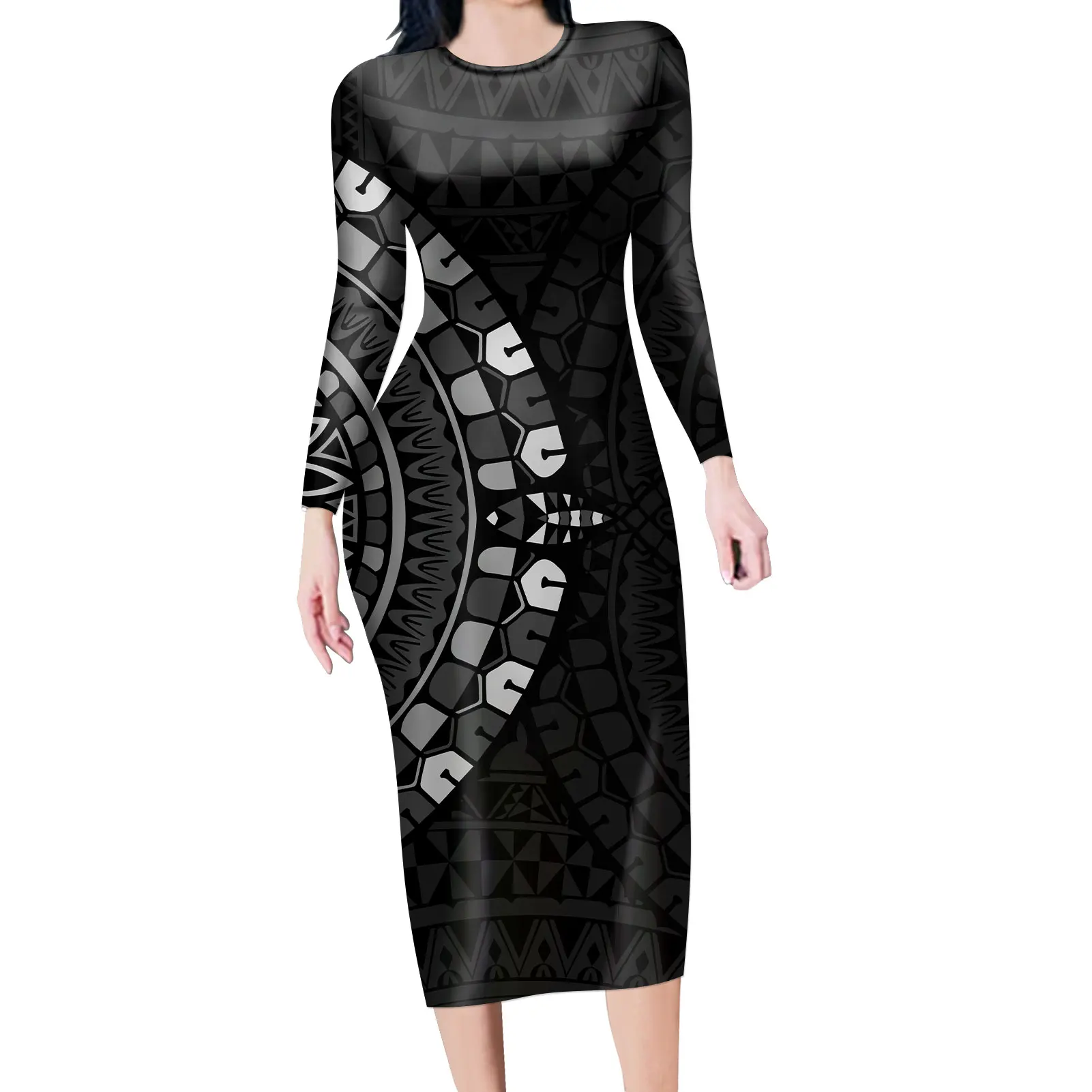 

Woman Samoa Hibiscus Style Dresses Casual Elegant Bodycon Knee Length Dress T Shirt Women Long Sleeve Normal Dresses Fat Woman