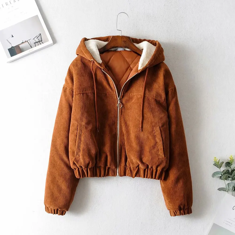 

Autumn 2020 new European and American wind long sleeve short style corduroy hooded draw rope tie small cotton-padded coat