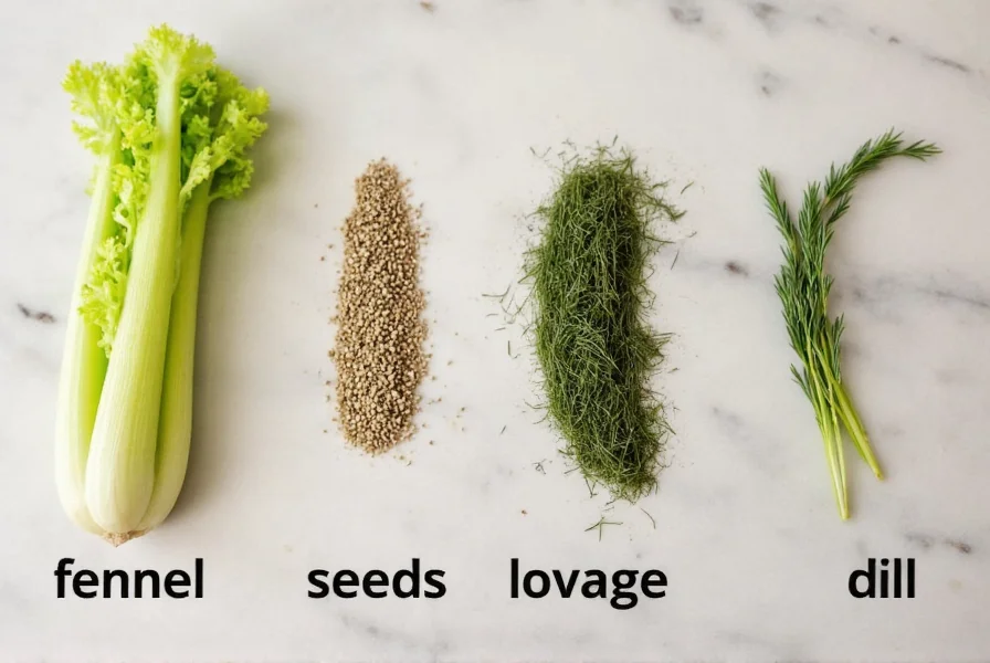 Various celery substitutes arranged on kitchen counter including fennel seeds, lovage, and dill seed