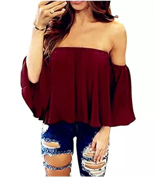 

Summer New Arrival Fashion Plus Size Chiffon Splicing Solid Top Woman Tops Long Sleeves Off Shoulder Girl Shirt Woman Clothes, Picture color