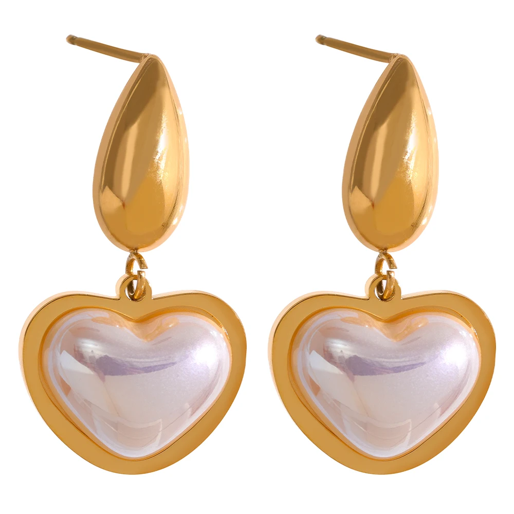 

JINYOU 750 Elegant Imitation Pearls Heart Stainless Steel Drop Dangle Earrings 18k Gold Fashion Korean Trendy Charm Jewelry