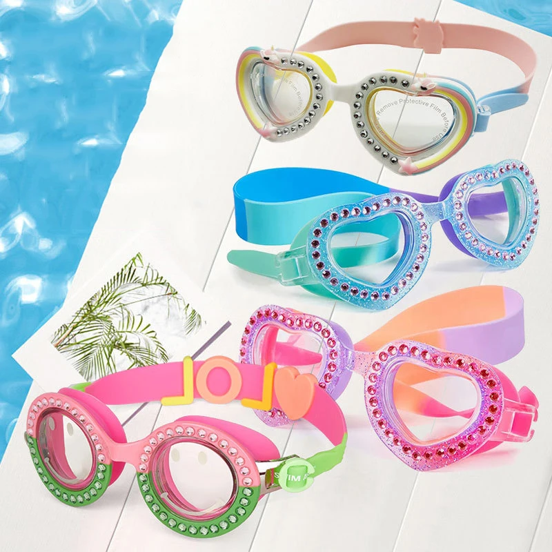 

2023 Fashion Eyeglasses With Microfiber Anti-Fog Lenses Children Cartoon Facet With Diamonds Candy Kids Swimming Glasses