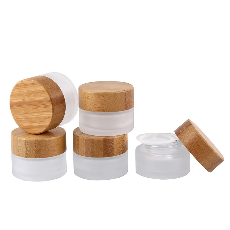 

30g 50g 100g Cosmetic Bamboo Containers Empty Round Clear Frosted Face Cream Glass Jar with Bamboo Lid
