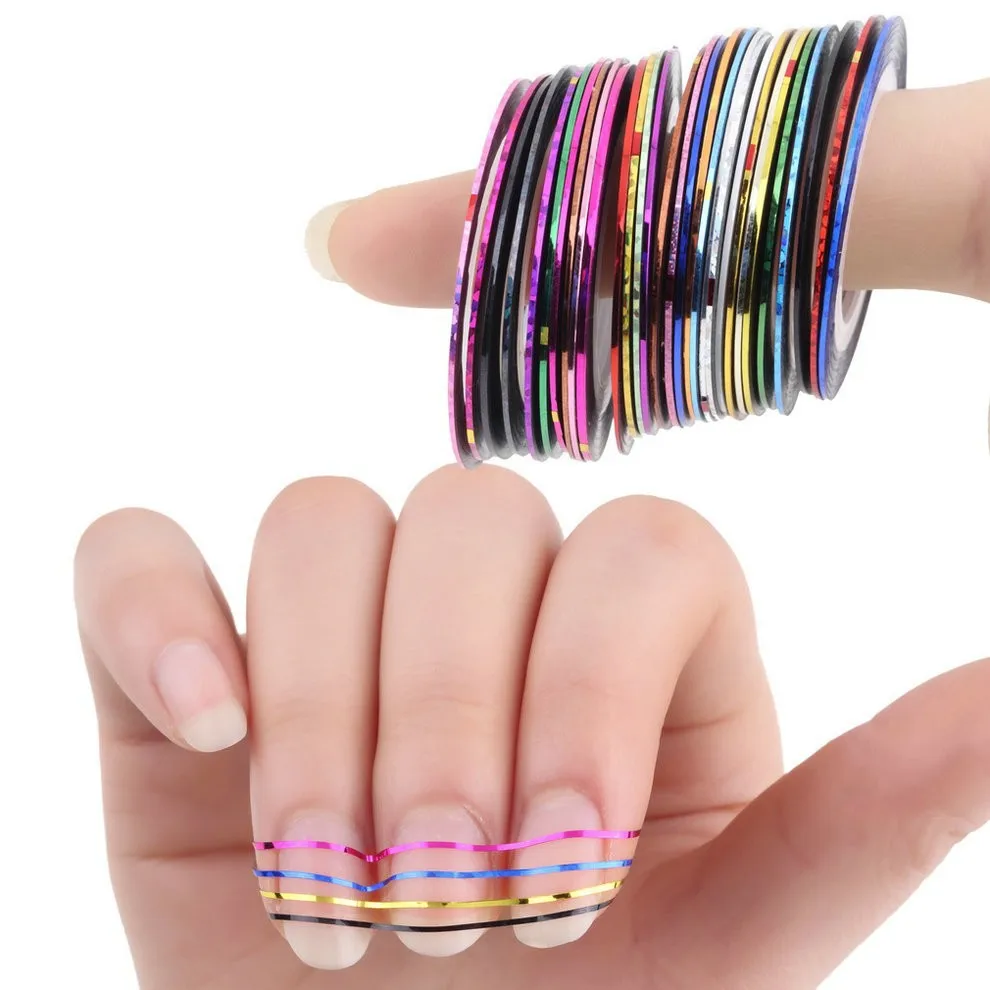 

30Pcs Multi Color Metallic Yarn Nail Decoration Sticker Roll Stripe Line Sticker Nail Art DIY Decoration Gold Silver Thread, Colorful