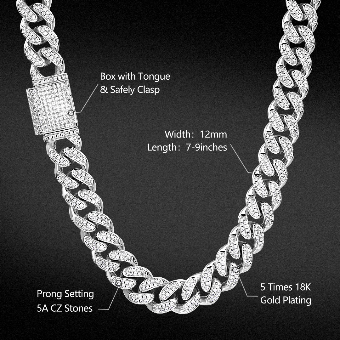 

KRKC Drop Shipping NO NOQ Factory 12mm Men's Gold Link Chain for Men Iced Out 5A CZ Diamond Stones Cuban Link Chain Necklace