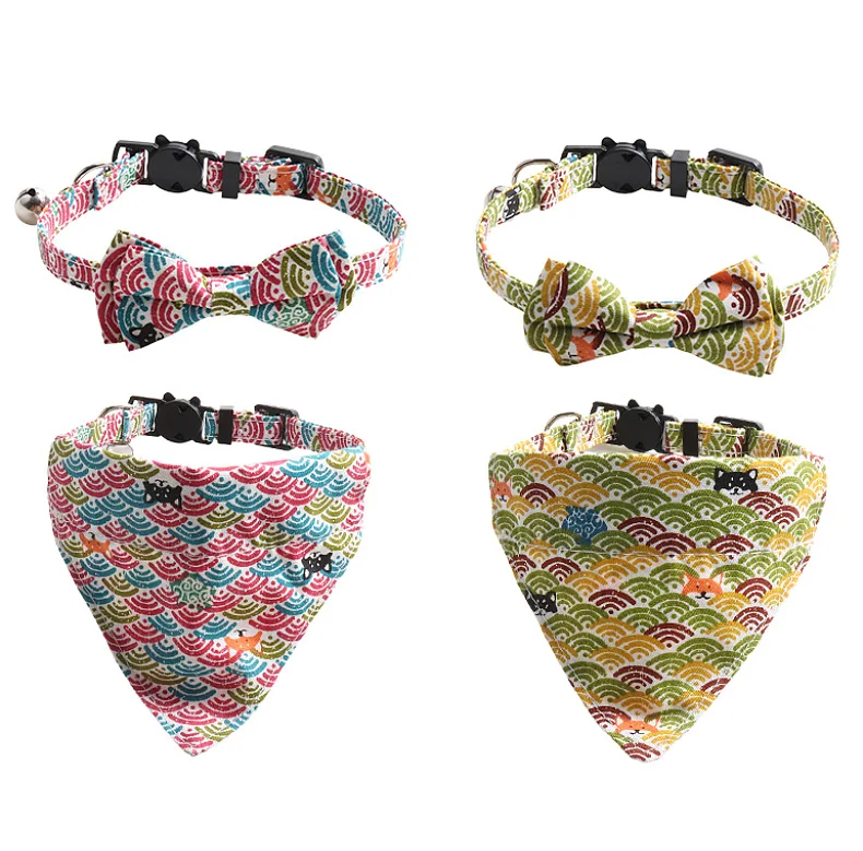 

2021 New Pet Cat Collar Breakaway Buckle Two-piece Bowknot Triangle Scarf Kitten Bib Cat Collar Safety