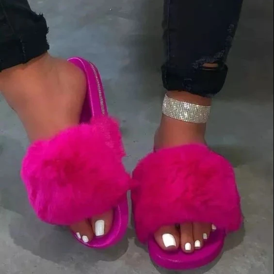 

faux fur rhinestone slip on slippers fluffy slippers fur sandals for women and ladies slides, Pink