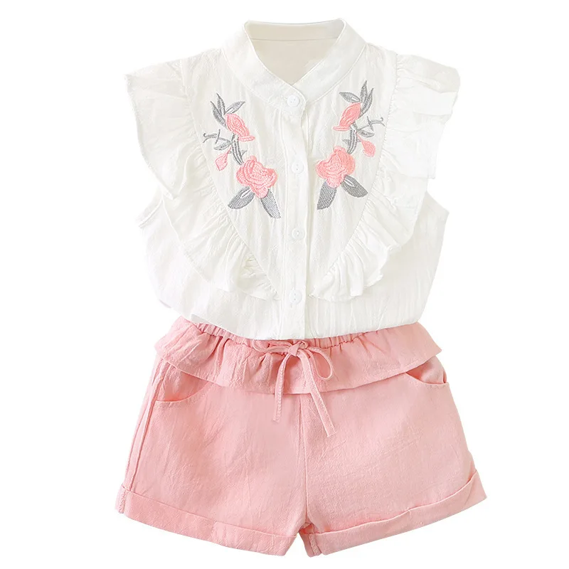 

Children's short-sleeved shirt suit embroidered solid color shorts girls suit