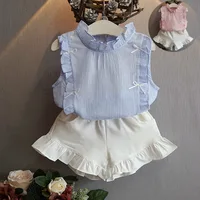 

Hot sale little girls clothes set boutique summer girls ruffle sleeveless shirt and shorts 2 pcs clothes set