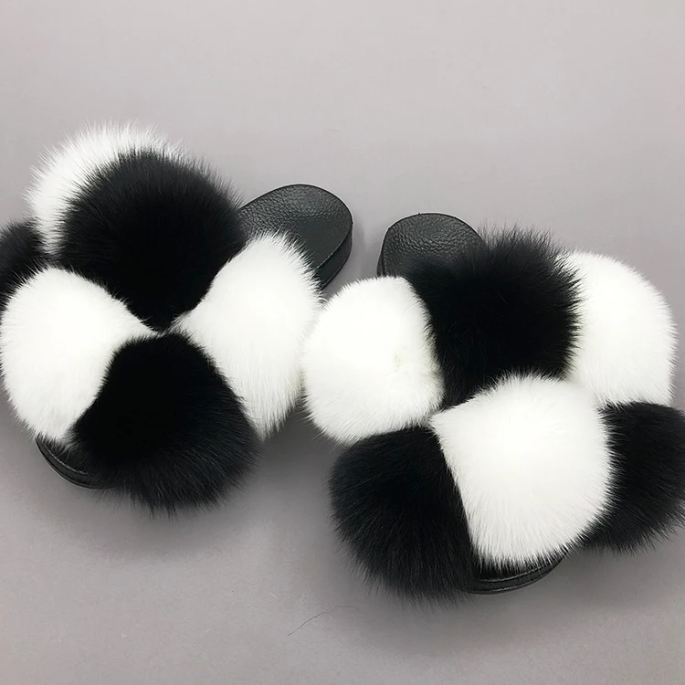 

Big pom pom fur slidess lippers white black fluffy fur ball slippers for women, Customized color