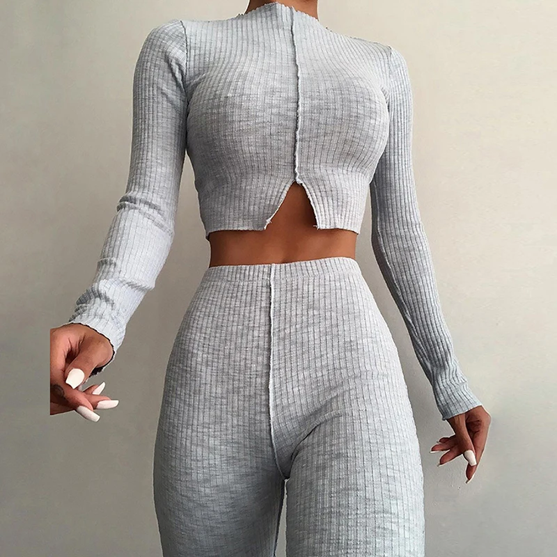 

INS winter flare pants crop top set two piece pants set women solid long sleeve two piece set women clothing, Oem