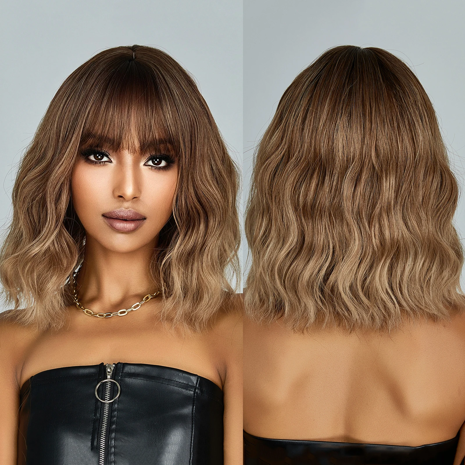 In-stock MOQ1 Short Brown Water Wavy Synthetic Heat Resistant Wigs Shoulder Length Wig with Bangs Natural Wavy Hairs